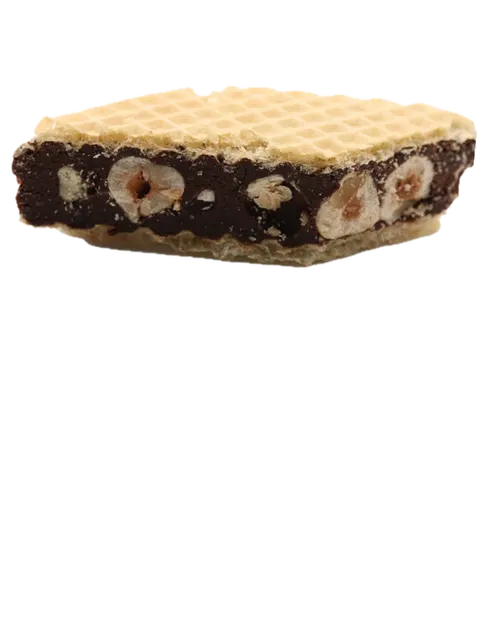 A Dark Chocolate & Roasted Hazelnut Toroon: chocolate nougat and whole hazelnuts between crisp wafers