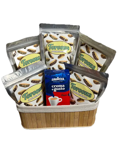 Toroons Premium Gift Basket with five bags of Toroons and Italian espresso