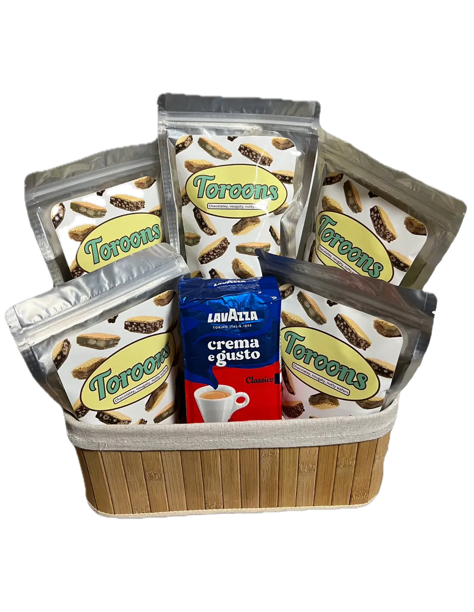 Toroons Premium Gift Basket: five bags of Toroons and Italian espresso