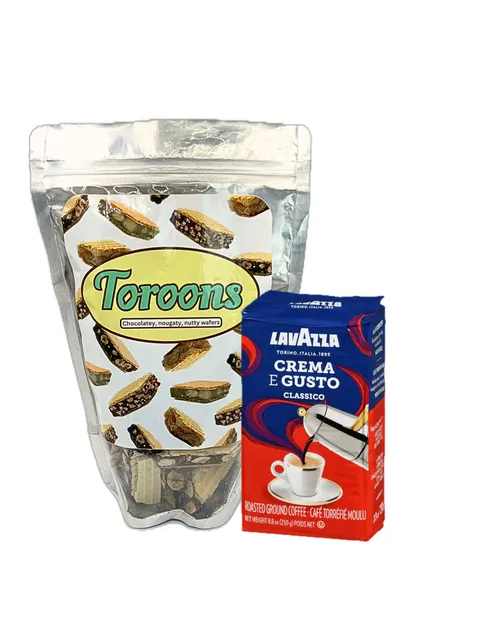 Toroons Starter Gift Basket: a bag of Toroons with a pack of Italian espresso